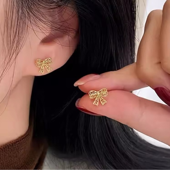 Gold Bow Earrings 925 Sterling Silver Plated Gold Bow Jewelry - Picture 4 of 4